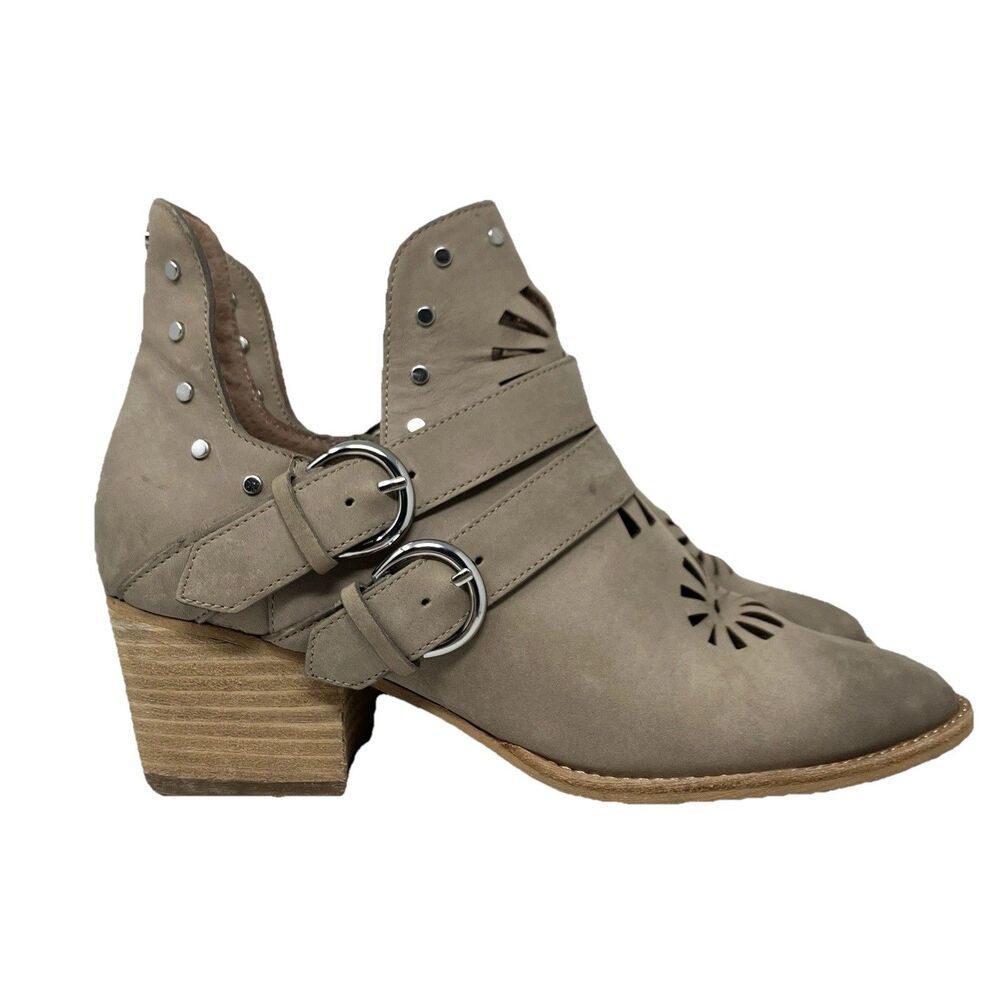 Linea Paolo Taupe Cutout Buckle Pull On Western Booties